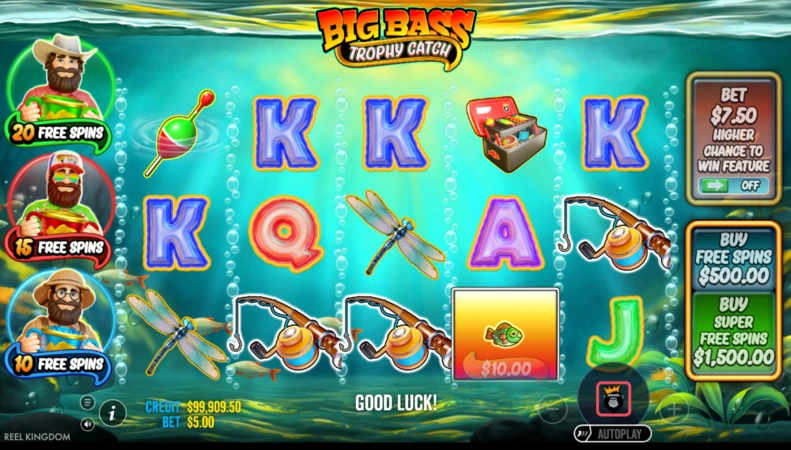 Big Bass Trophy Catch base game reels with fishing symbols