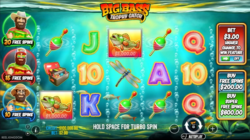 Big Bass Trophy Catch base game screen with fishing symbols and reels