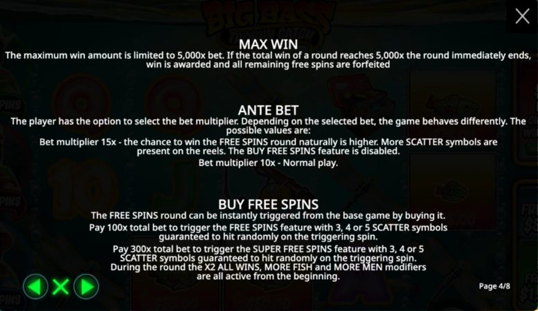 Big Bass Trophy Catch game information menu showing RTP and paylines